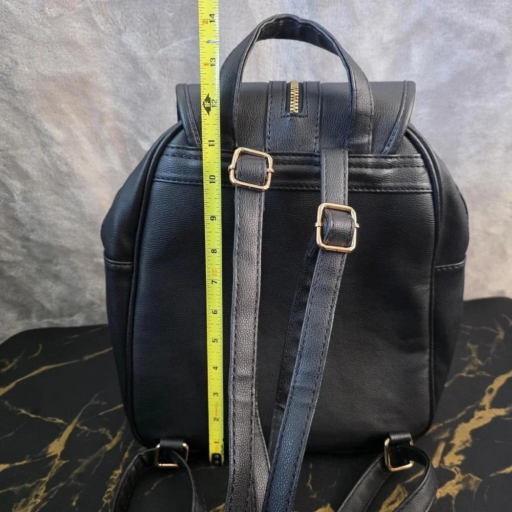 Black Faux Leather Mini Backpack Purse w/ Gold Tassel Charm Goth Y2K
